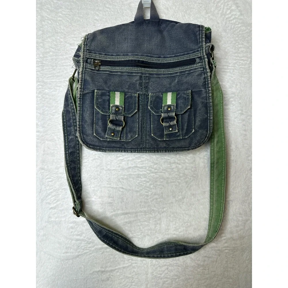 Vintage Denim Messenger Bag Blue Green Y2K Crossbody Multi Pocket Distressed